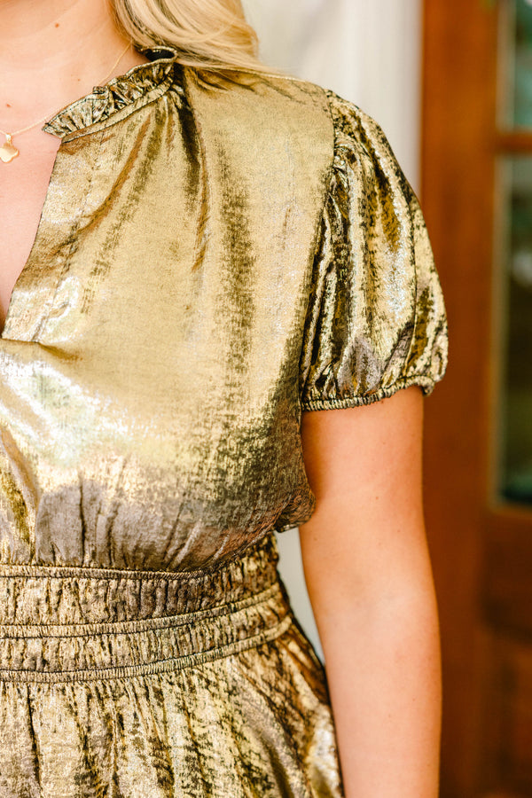 Chic Soul plus size clothing, gold short puff sleeve fit and flare dress with v cutout at neck and ruffle bottom