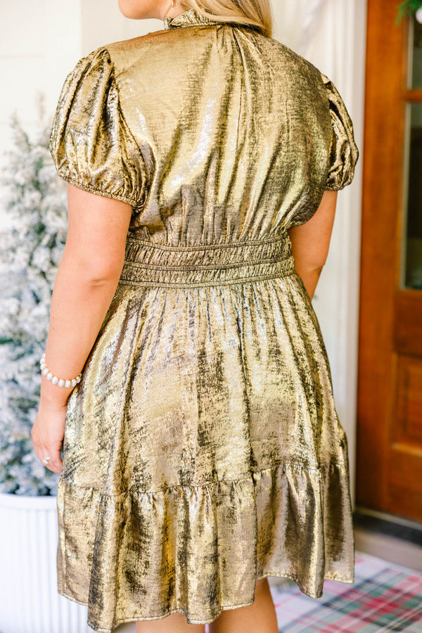 Chic Soul plus size clothing, gold short puff sleeve fit and flare dress with v cutout at neck and ruffle bottom
