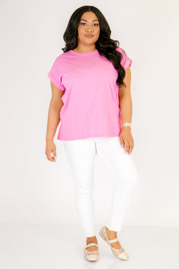 candy pink tee with cuffed short sleeves and a round neckline