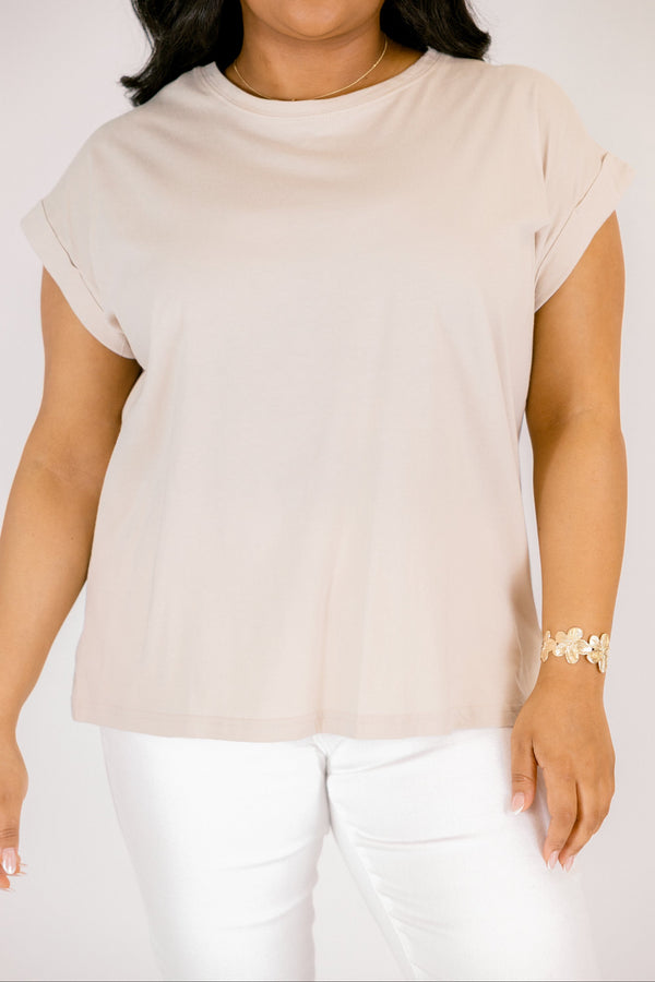 sand beige tee with cuffed short sleeves and a round neckline
