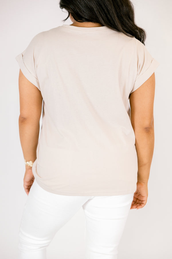 sand beige tee with cuffed short sleeves and a round neckline