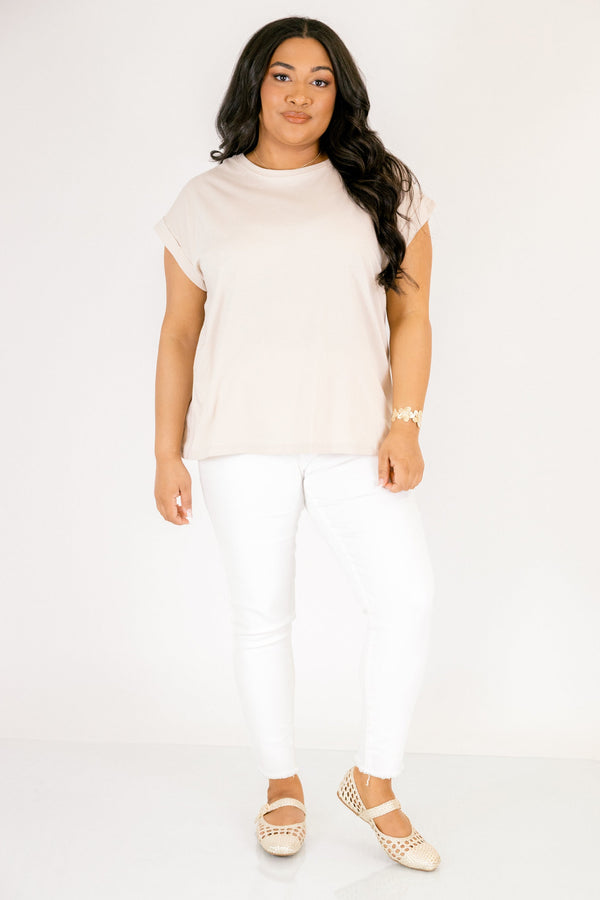 sand beige tee with cuffed short sleeves and a round neckline