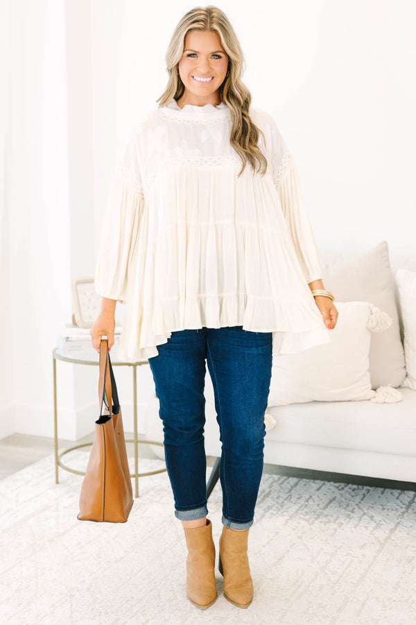 Chic Soul plus size clothing, Cream tiered top with cuff sleeves and lacey detail along neckline with crochet accents on sleeve and neck