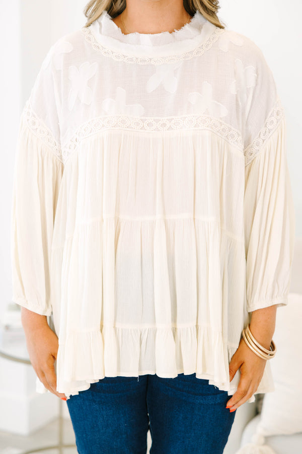 Chic Soul plus size clothing, Cream tiered top with cuff sleeves and lacey detail along neckline with crochet accents on sleeve and neck
