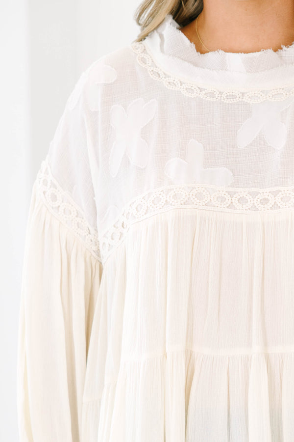 Chic Soul plus size clothing, Cream tiered top with cuff sleeves and lacey detail along neckline with crochet accents on sleeve and neck