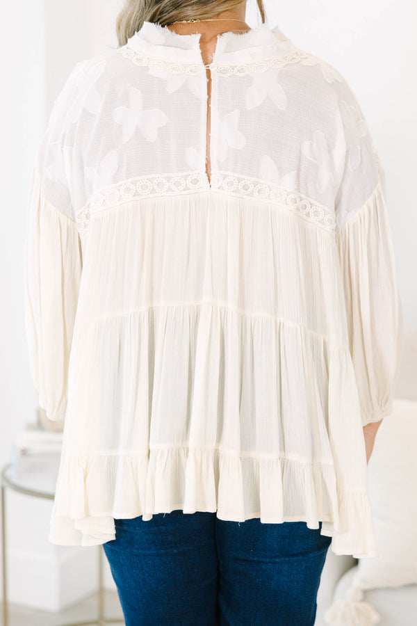 Chic Soul plus size clothing, Cream tiered top with cuff sleeves and lacey detail along neckline with crochet accents on sleeve and neck