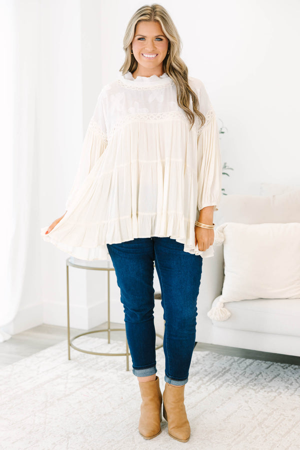 Chic Soul plus size clothing, Cream tiered top with cuff sleeves and lacey detail along neckline with crochet accents on sleeve and neck