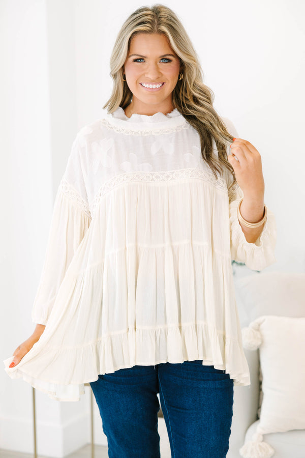 Chic Soul plus size clothing, Cream tiered top with cuff sleeves and lacey detail along neckline with crochet accents on sleeve and neck