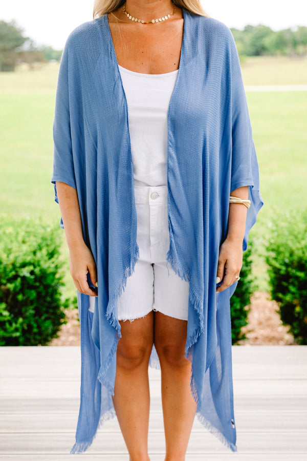 Chic Soul plus size clothing, denim blue kimono with frayed hemlines