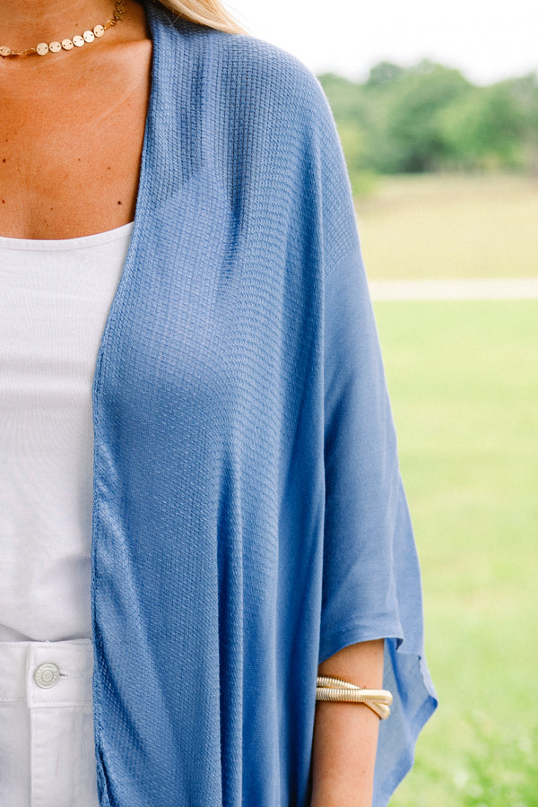 Chic Soul plus size clothing, denim blue kimono with frayed hemlines