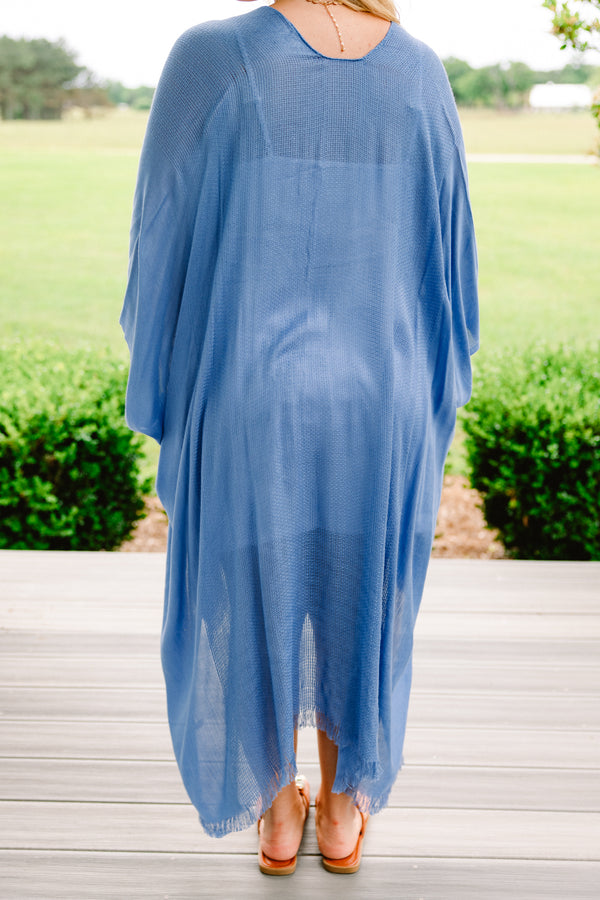 Chic Soul plus size clothing, denim blue kimono with frayed hemlines