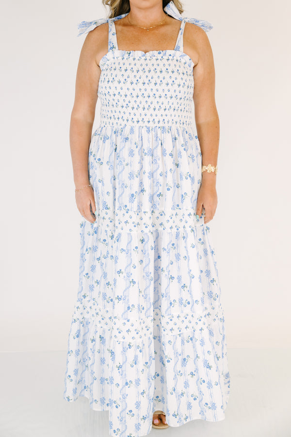 Chic Soul plus size clothing, white maxi dress with a square neckline and ruffle detailed straps with a blue floral pattern throughout 