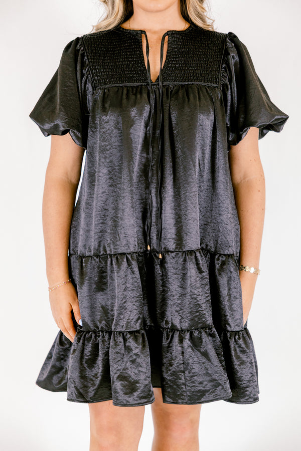 Chic Soul plus size clothing, black puff short sleeve short dress with v-neckline and tie at the top and smocked chest