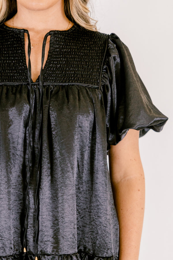 Chic Soul plus size clothing, black puff short sleeve short dress with v-neckline and tie at the top and smocked chest