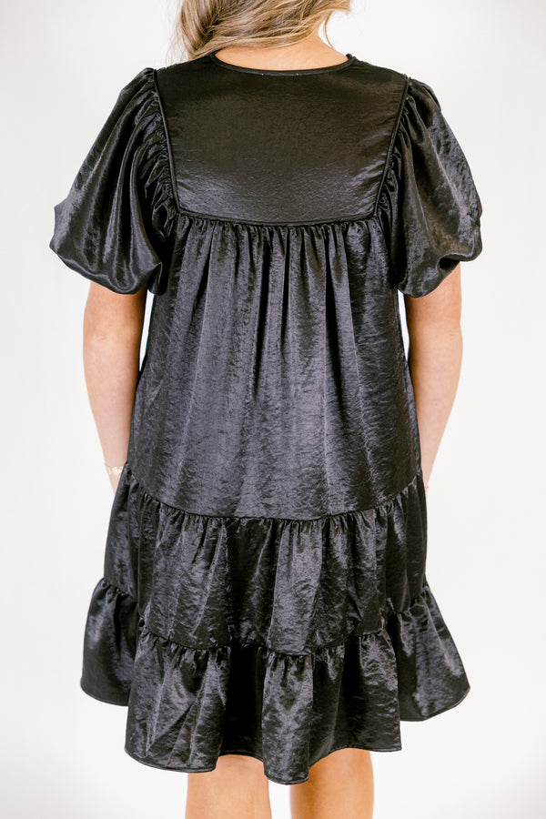 Chic Soul plus size clothing, black puff short sleeve short dress with v-neckline and tie at the top and smocked chest