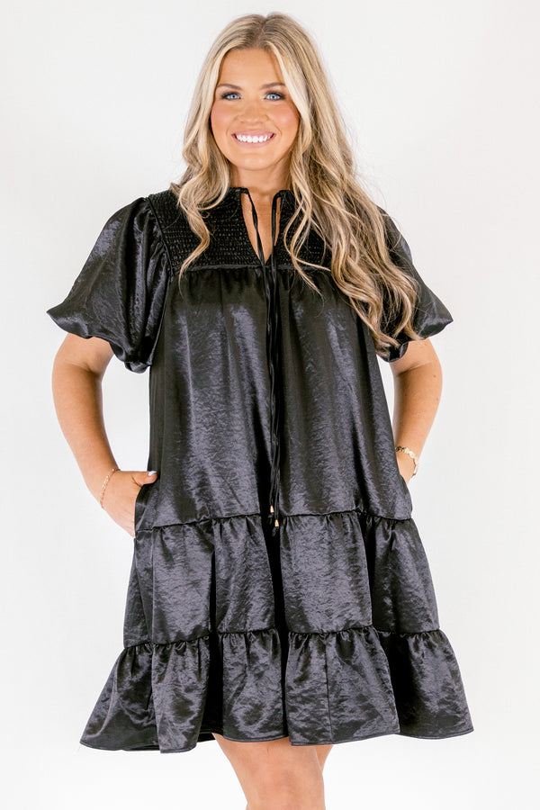 Chic Soul plus size clothing, black puff short sleeve short dress with v-neckline and tie at the top and smocked chest