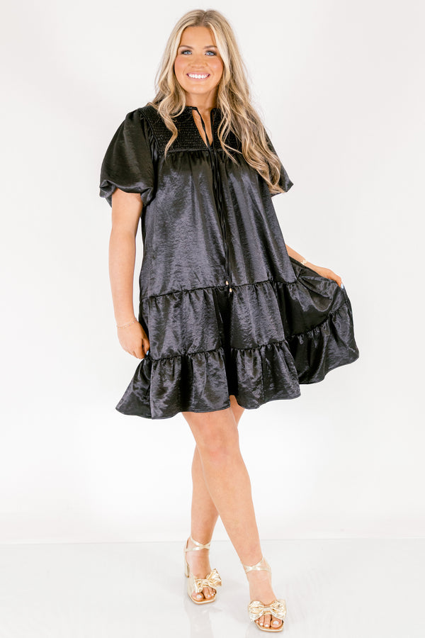 Chic Soul plus size clothing, black puff short sleeve short dress with v-neckline and tie at the top and smocked chest