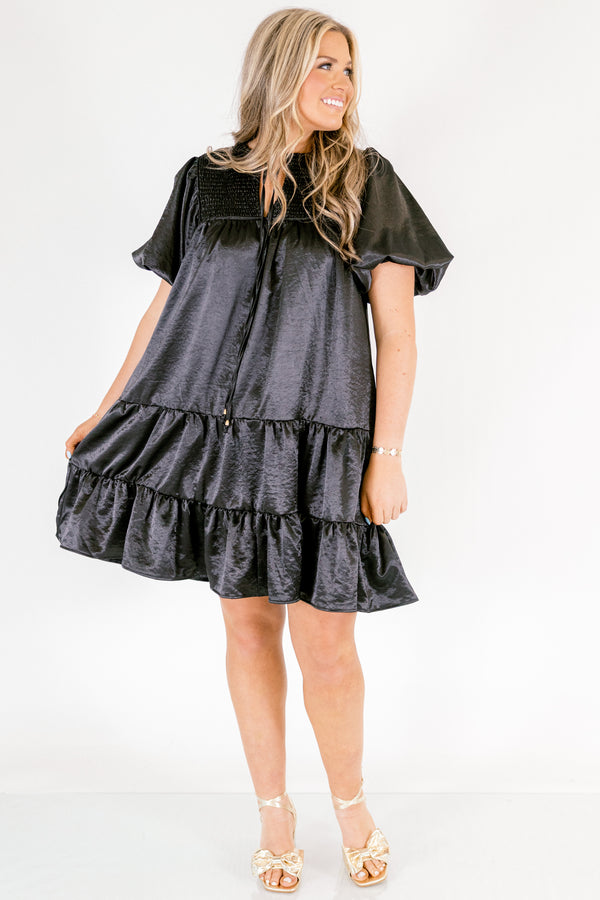 Chic Soul plus size clothing, black puff short sleeve short dress with v-neckline and tie at the top and smocked chest