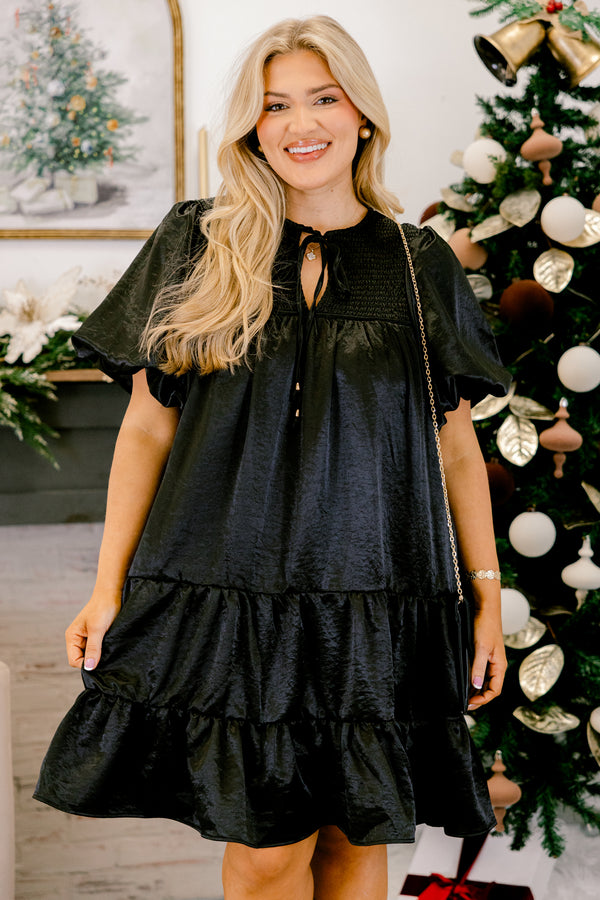 Chic Soul plus size clothing, black puff short sleeve short dress with v-neckline and tie at the top and smocked chest