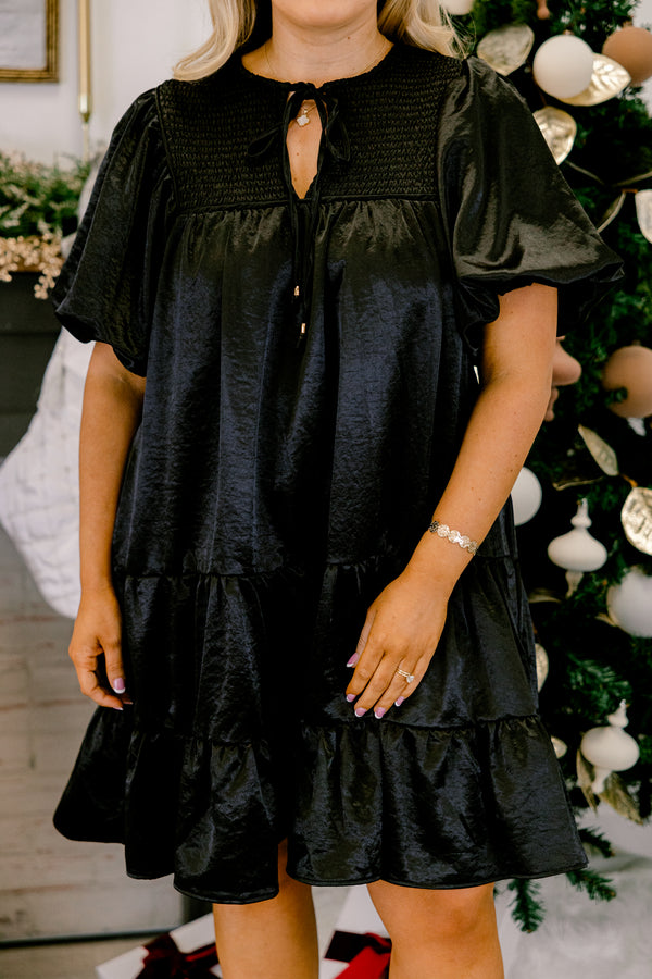 Chic Soul plus size clothing, black puff short sleeve short dress with v-neckline and tie at the top and smocked chest