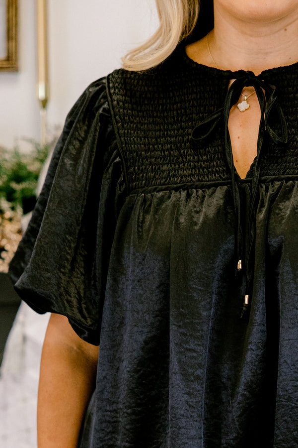 Chic Soul plus size clothing, black puff short sleeve short dress with v-neckline and tie at the top and smocked chest