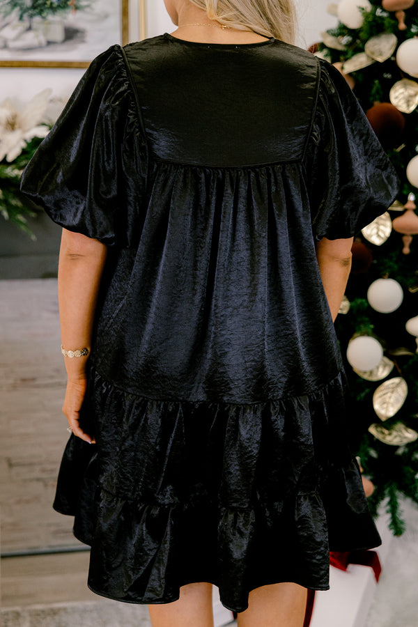 Chic Soul plus size clothing, black puff short sleeve short dress with v-neckline and tie at the top and smocked chest