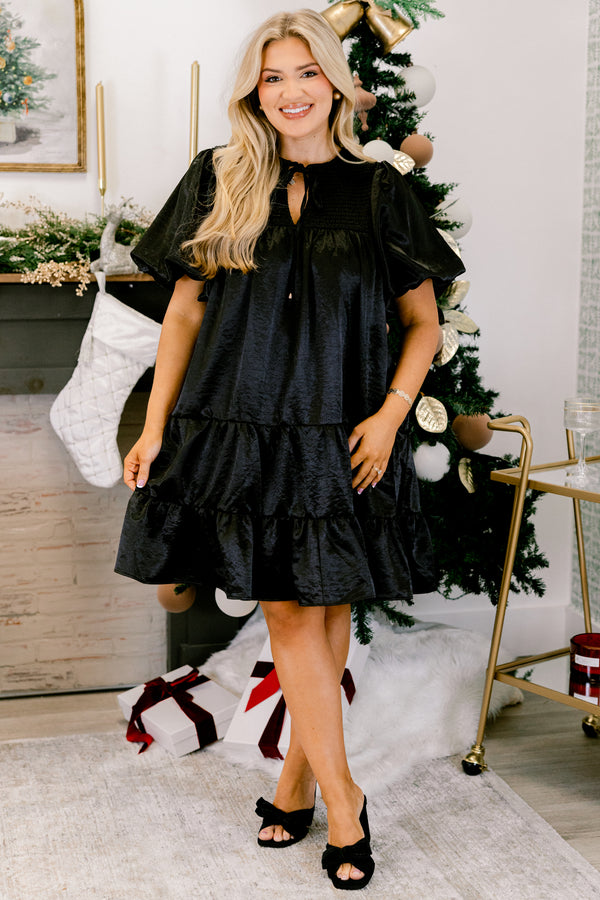 Chic Soul plus size clothing, black puff short sleeve short dress with v-neckline and tie at the top and smocked chest