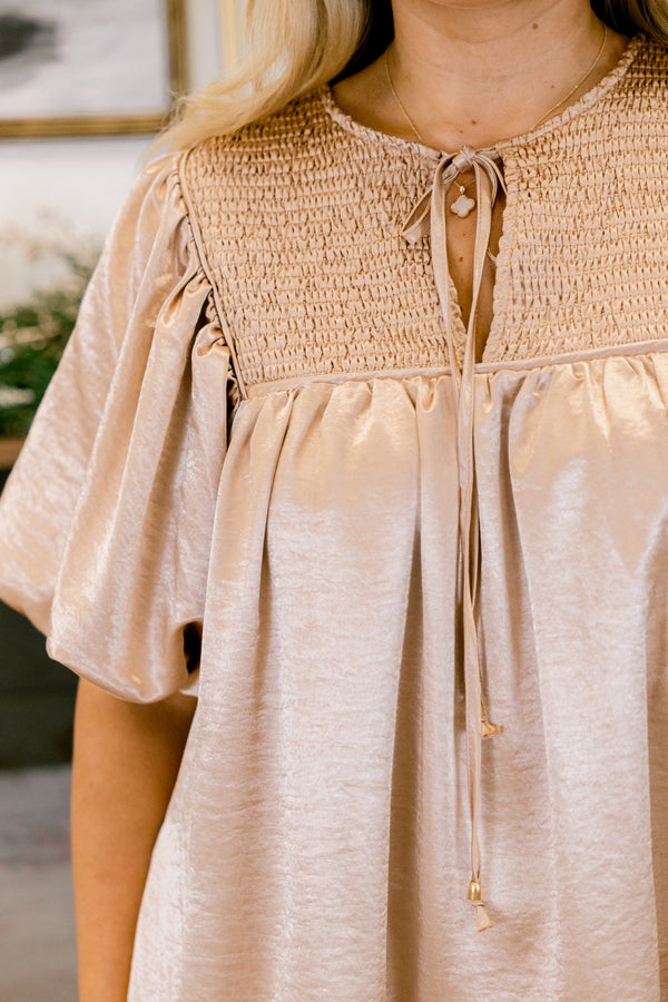 Chic Soul plus size clothing, champagne puff short sleeve short dress with v-neckline and tie at the top and smocked chest
