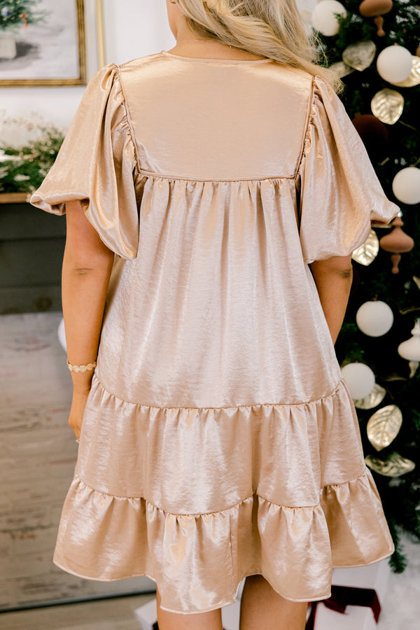 Chic Soul plus size clothing, champagne puff short sleeve short dress with v-neckline and tie at the top and smocked chest
