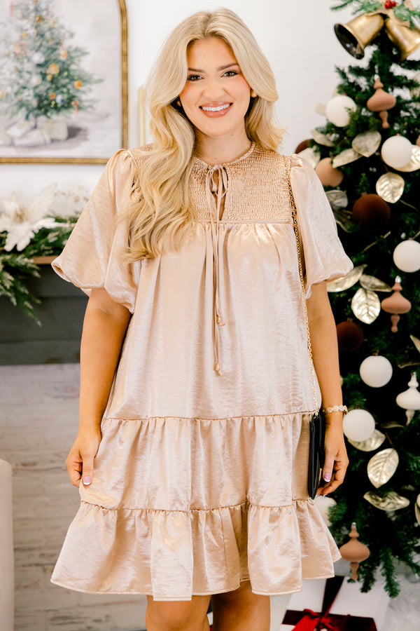 Chic Soul plus size clothing, champagne puff short sleeve short dress with v-neckline and tie at the top and smocked chest
