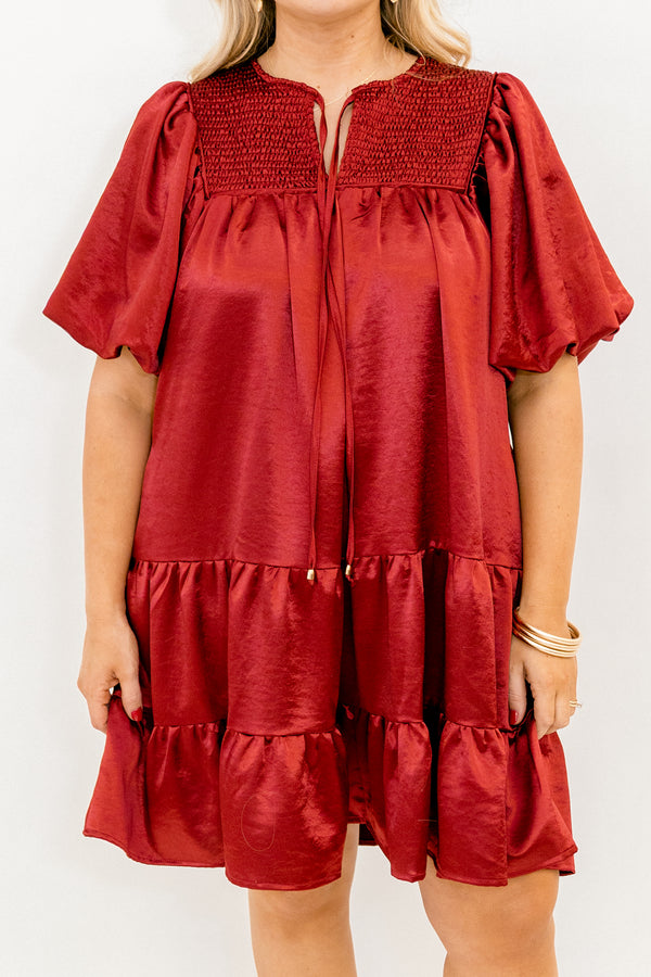 Chic Soul plus size clothing, red puff short sleeve short dress with v-neckline and tie at the top and smocked chest