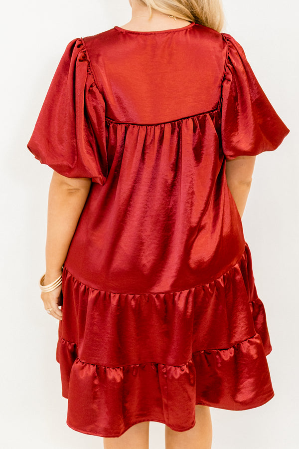 Chic Soul plus size clothing, red puff short sleeve short dress with v-neckline and tie at the top and smocked chest