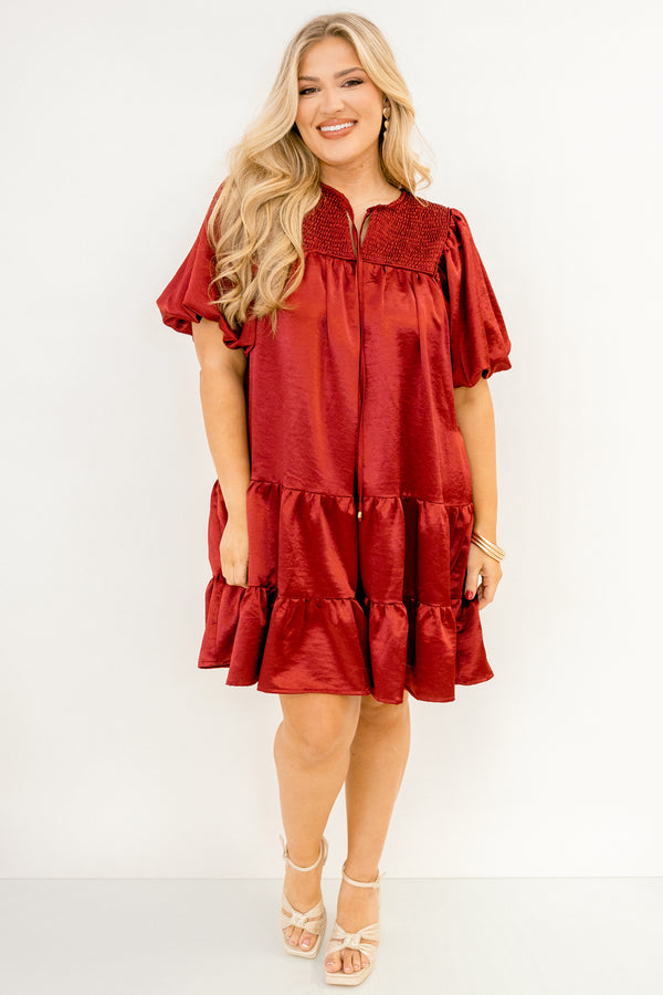 Chic Soul plus size clothing, red puff short sleeve short dress with v-neckline and tie at the top and smocked chest