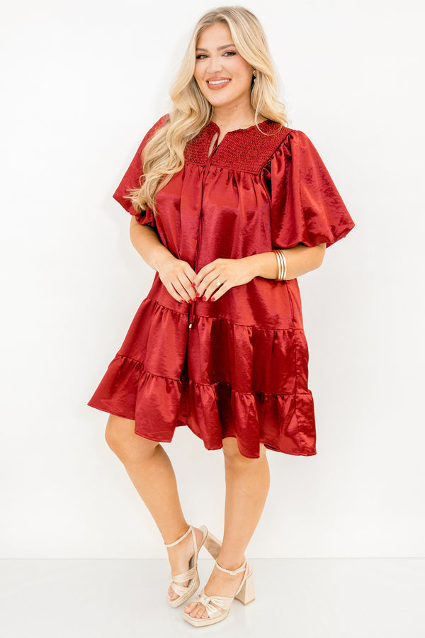 Chic Soul plus size clothing, red puff short sleeve short dress with v-neckline and tie at the top and smocked chest