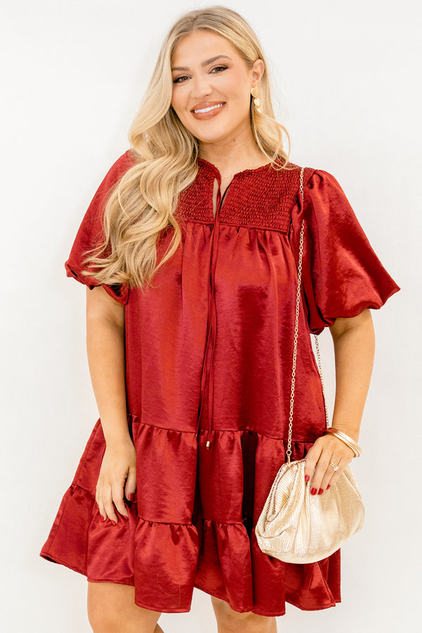 Chic Soul plus size clothing, red puff short sleeve short dress with v-neckline and tie at the top and smocked chest