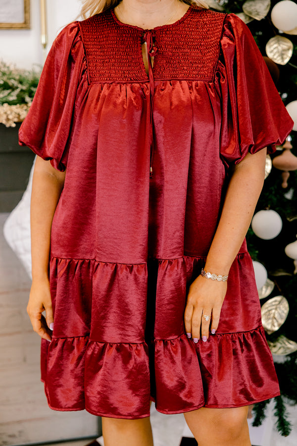Chic Soul plus size clothing, red puff short sleeve short dress with v-neckline and tie at the top and smocked chest
