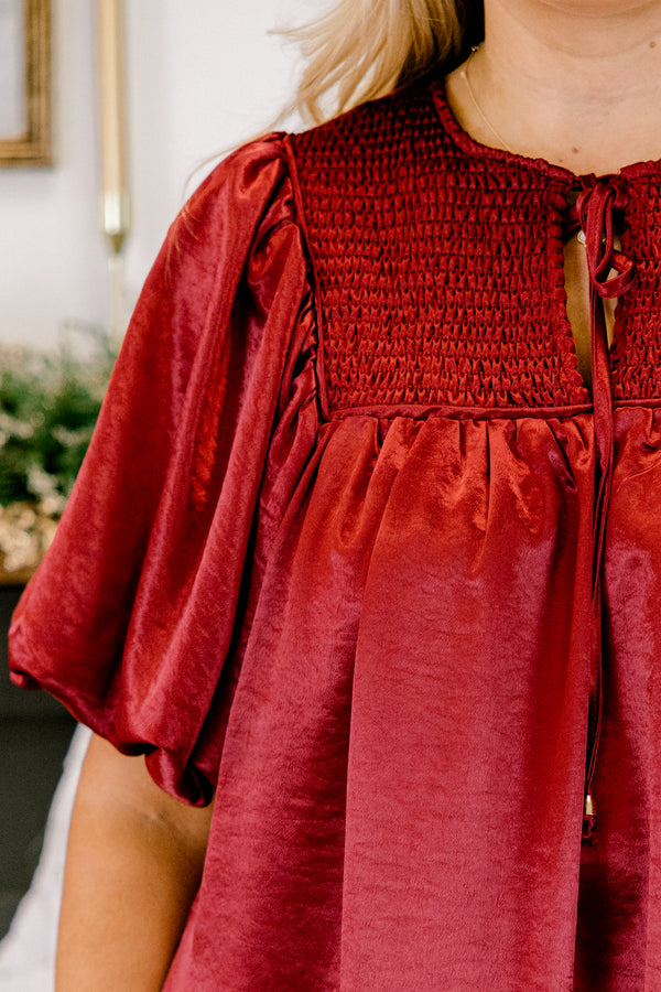 Chic Soul plus size clothing, red puff short sleeve short dress with v-neckline and tie at the top and smocked chest
