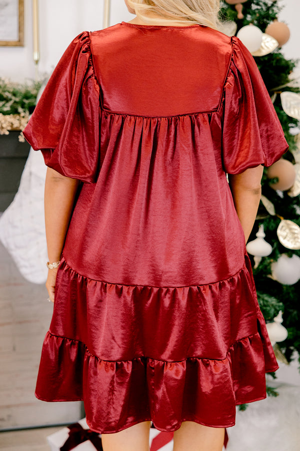 Chic Soul plus size clothing, red puff short sleeve short dress with v-neckline and tie at the top and smocked chest
