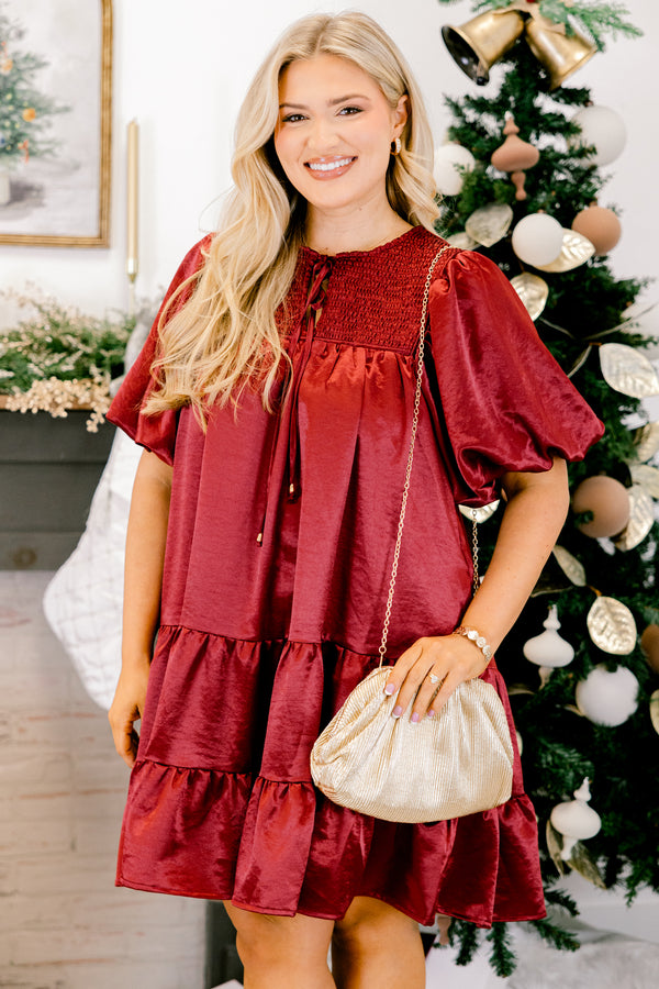 Chic Soul plus size clothing, red puff short sleeve short dress with v-neckline and tie at the top and smocked chest
