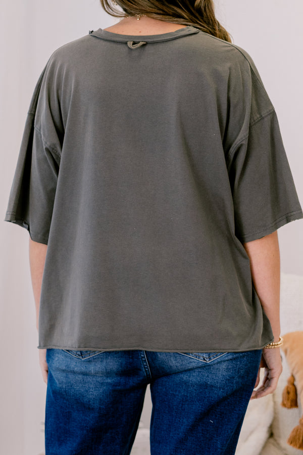 Chic Soul plus size clothing, charcoal grey slightly cropped short sleeve tee with “Pumpkin Season” written on the front and a pumpkin with a bow in the middle
