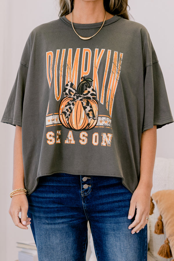 Chic Soul plus size clothing, charcoal grey slightly cropped short sleeve tee with “Pumpkin Season” written on the front and a pumpkin with a bow in the middle
