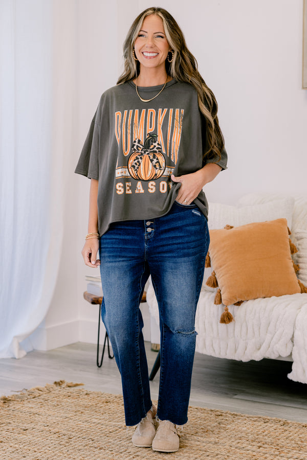 Chic Soul plus size clothing, charcoal grey slightly cropped short sleeve tee with “Pumpkin Season” written on the front and a pumpkin with a bow in the middle
