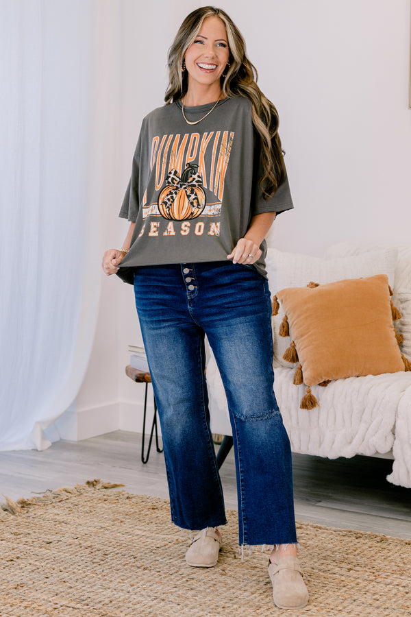Chic Soul plus size clothing, charcoal grey slightly cropped short sleeve tee with “Pumpkin Season” written on the front and a pumpkin with a bow in the middle
