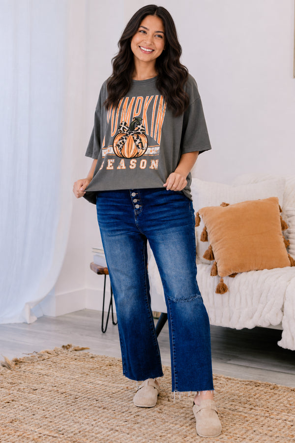 Chic Soul plus size clothing, charcoal grey slightly cropped short sleeve tee with “Pumpkin Season” written on the front and a pumpkin with a bow in the middle