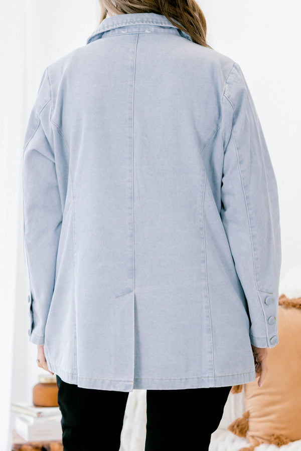 Chic Soul plus size clothing, light blue collared blazer with front pockets and buttons down the front