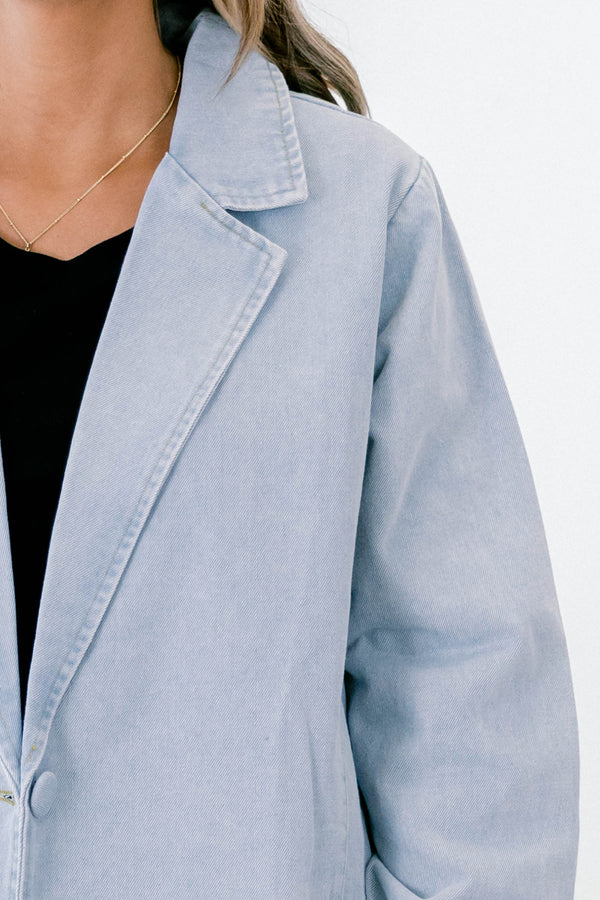 Chic Soul plus size clothing, light blue collared blazer with front pockets and buttons down the front