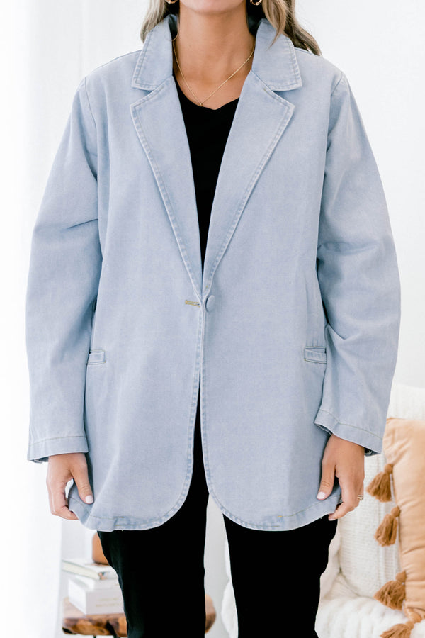 Chic Soul plus size clothing, light blue collared blazer with front pockets and buttons down the front