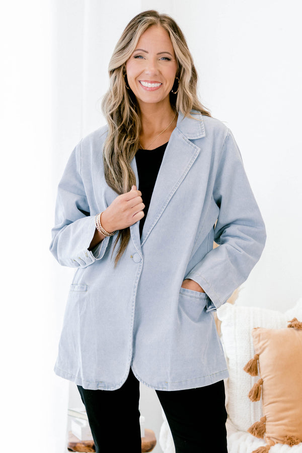 Chic Soul plus size clothing, light blue collared blazer with front pockets and buttons down the front