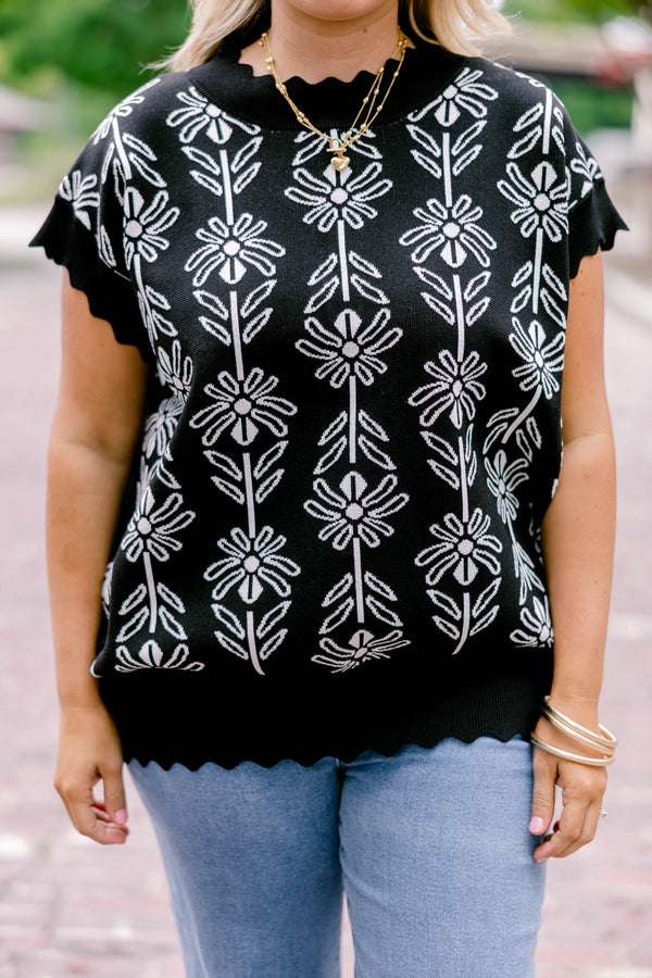 Chic Soul plus size clothing, black short scallop sleeve sweater with white outlined novelty floral print