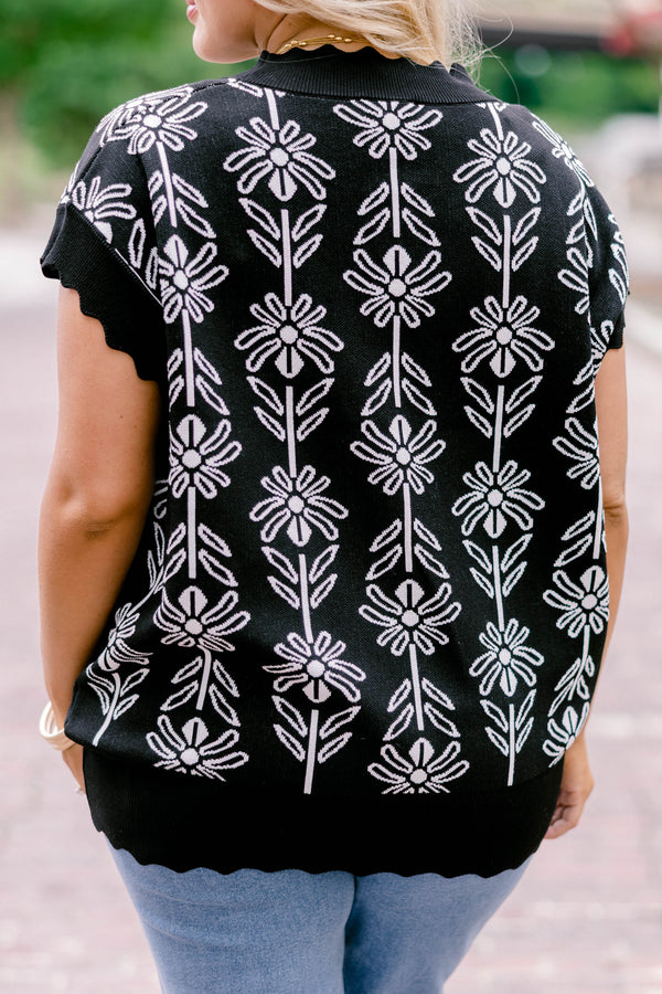 Chic Soul plus size clothing, black short scallop sleeve sweater with white outlined novelty floral print